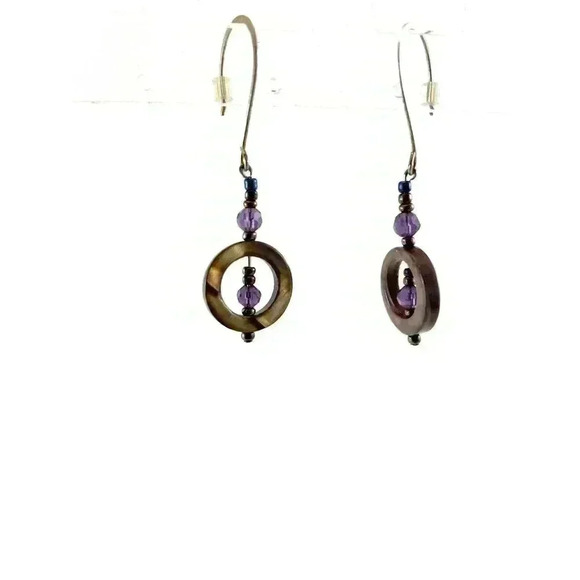 Brown Seashells Purple Faceted Bead Fish Hook Earrings - Picture 6 of 9